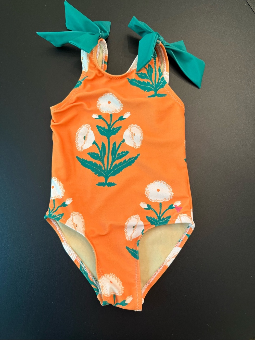 Pink Chicken Baby Girls Orange Floral One-Piece Swimsuit with Green Ties